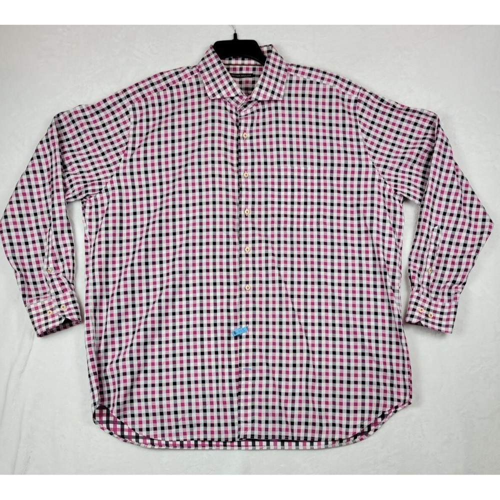 Peter Millar‎ Mens 2XL Shirt Black Pink Plaid Long Sleeve Button Up 100% Cotton